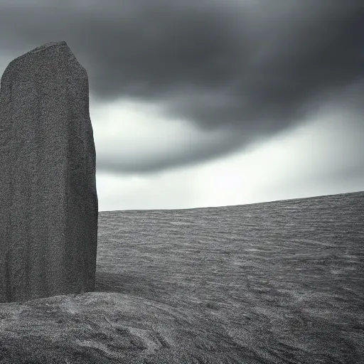 Prompt: A Tapered Stone Monolith Points to the overcast sky, Digital Art, Rendering, 8k, Highly Detailed