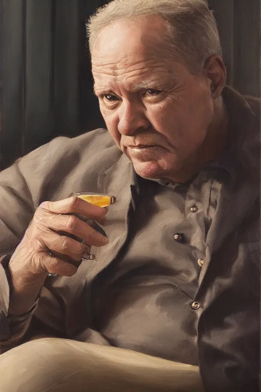 Prompt: retired barney, sitting in a lounge, sipping whiskey and smoking a cigar, oil on canvas, intricate, portrait, 8 k highly professionally detailed, hdr, cgsociety