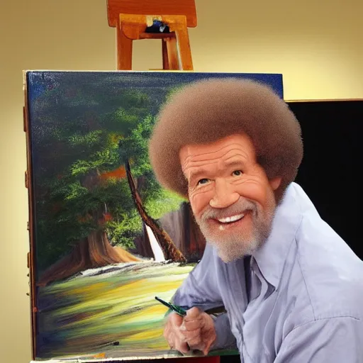 Prompt: Bob Ross painting a happy little accident