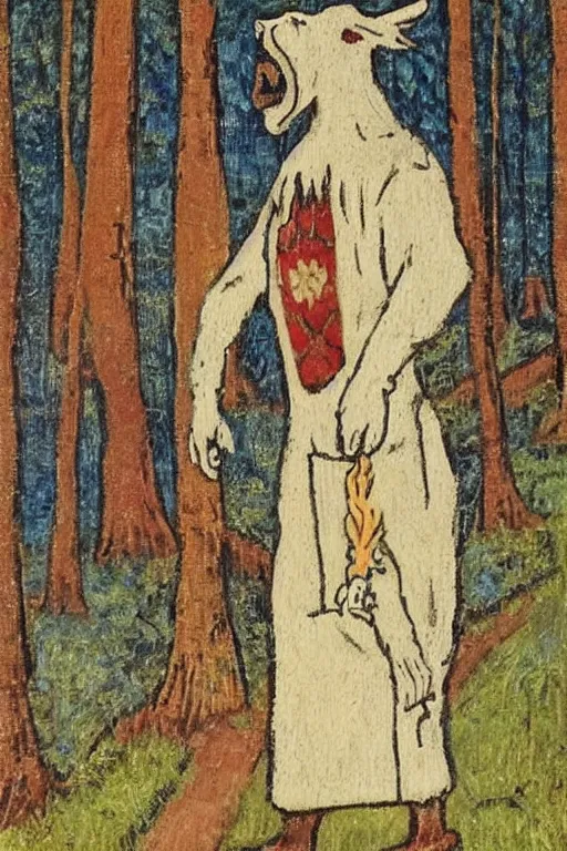 Image similar to a painting of slavic dog head man, woolen torso in medieval clothes, walking in the forest, in a white outfit, a character portrait by jean fouquet, reddit, synthetism, woodcut, grotesque, tarot card