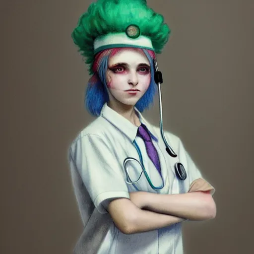 Image similar to clowncore pastel punk young hospital nurse wearing stylish uniform. detailed, portrait, 8 k, artwork by jean - baptiste monge