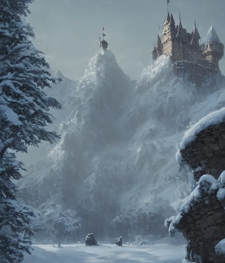 Image similar to a painting of a castle in the middle of a snowy mountain, a detailed matte painting by andreas rocha and greg rutkowski, featured on artstation, fantasy art, matte drawing, matte painting, artstation hq