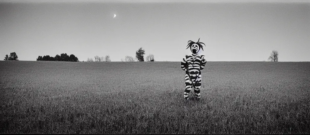 Prompt: circa 2 0 0 2 1 3 mm color film photograph of a clown in a field, liminal, dark pitch black, flash on, blurry, grainy, unsettling