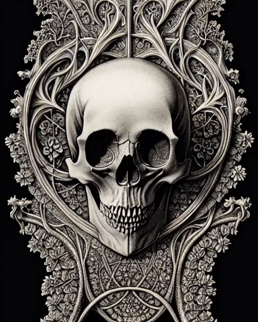 Image similar to art forms of nature by ernst haeckel, memento mori by arthur rackham, ornate antique porcelain beautiful skull mask, ultrasharp, photorealistic, hyperdetailed, octane render, polished, art nouveau, neo - gothic, gothic, intricate ornamental organic filigree, art nouveau botanicals, art forms of nature by ernst haeckel, horizontal symmetry, symbolist, visionary