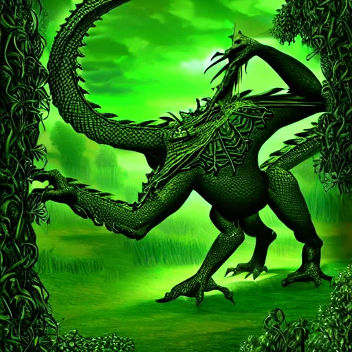 Prompt: Green Western Dragon Golem Made of Thick Green Vines Is Protecting Magical Garden Surrounded by Trees, Large Clearing in the Middle of a Forest, Digital Art