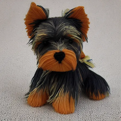 Image similar to a closeup photorealistic sad knitted plush yorkshire terrier