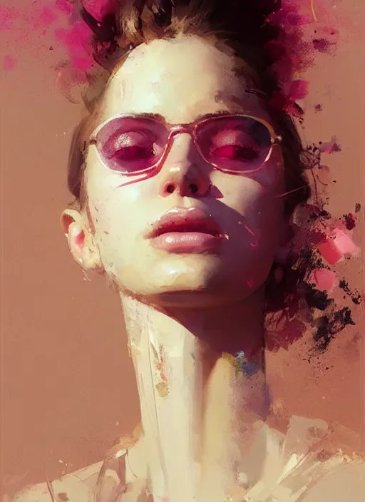 Prompt: portrait of a beautiful girl, eyes closed, shades of pink, beautiful face, rule of thirds, intricate outfit, spotlight, by greg rutkowski, by jeremy mann, digital painting