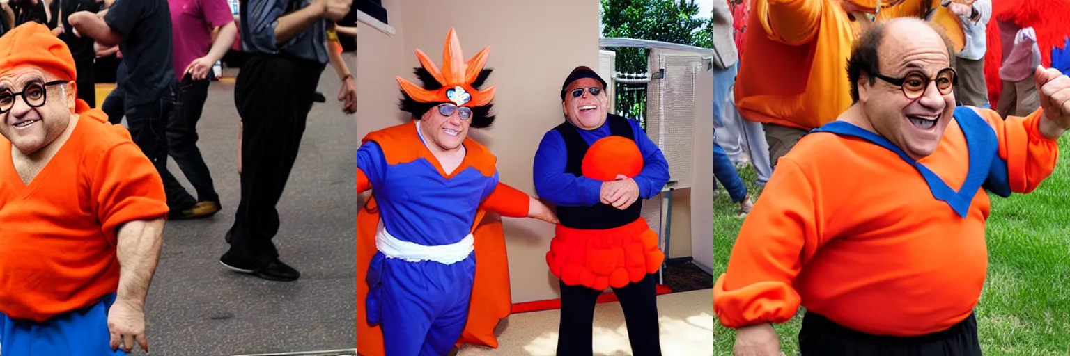 Prompt: Danny Devito in Goku cosplay, photograph