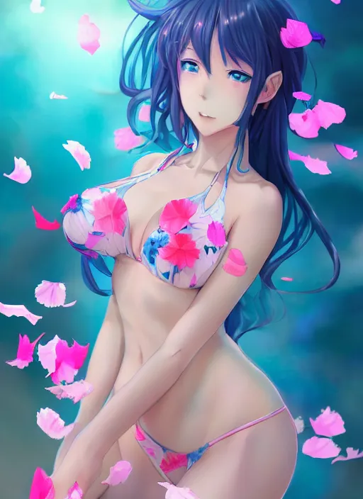 Prompt: gorgeous anime in bikini covered in translucent blue and pink leaf and petals in the style of stefan kostic, cute - fine - face, dasha taran, backlit, refracted lighting, elegant, half body shot, 8 k, insanely detailed, intricate, art by stanley lau, artgerm, wlop, kuvshinov ilya,