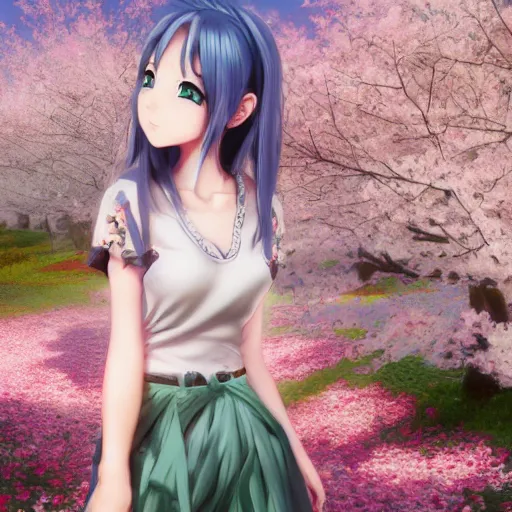 Image similar to 3d rendered anime girl with cherry blossoms as clothing in a flower garden, fantasy art, hyper realistic, detailed, ultra detailed, dynamic lighting, fantasy concept art