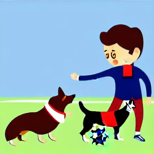 Prompt: illustration of french boy playing football with a corgi wearing a polka dot scarf in paris