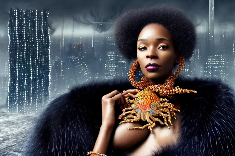 Image similar to realistic detailed photorealistic portrait movie shot of a beautiful black woman in a fur coat with a giant spider, dystopian city landscape background by denis villeneuve, amano, yves tanguy, alphonse mucha, ernst haeckel, david lynch, edward robert hughes, roger dean, cyber necklace, rich moody colours, cyber patterns, wide angle