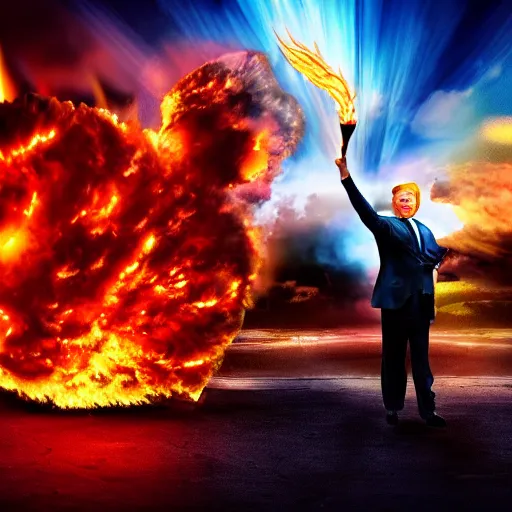 Image similar to burning donald trump casting fireballs, colorful hd picure, lightning in the background