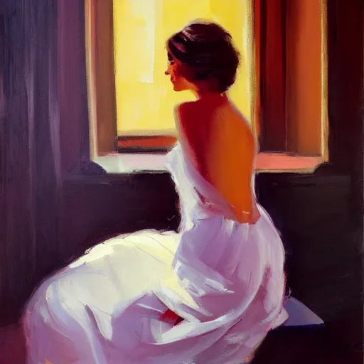 Image similar to an oil on canvas painting of a beautiful feminine woman from the 60's, leaning against the wall, living room, figurative art, studio portrait, detailed, dramatic lighting, beautiful facedeviantart, cgsociety, chiaroscuro, acrylic art, by Elmer Bischoff, by Michael Garmash