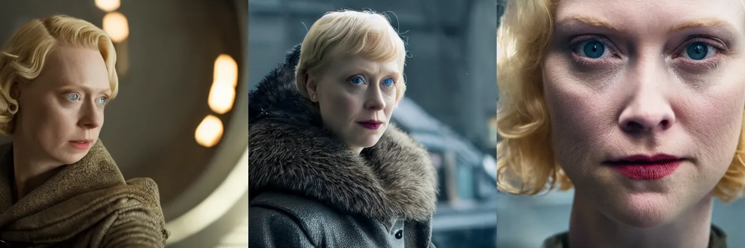 Prompt: close-up of Gwendoline Christie as a detective in a movie directed by Christopher Nolan, movie still frame, promotional image, imax 70 mm footage