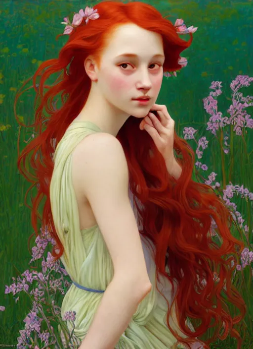 Image similar to pretty young woman resembling alicia vikander with long red hair, half body shot, path traced, highly detailed, high quality, digital painting, by studio ghibli and alphonse mucha, leesha hannigan, hidari, art nouveau, chiho aoshima, jules bastien - lepage