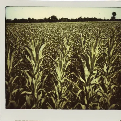 Prompt: an old polaroid of a monster in a cornfield - n 9