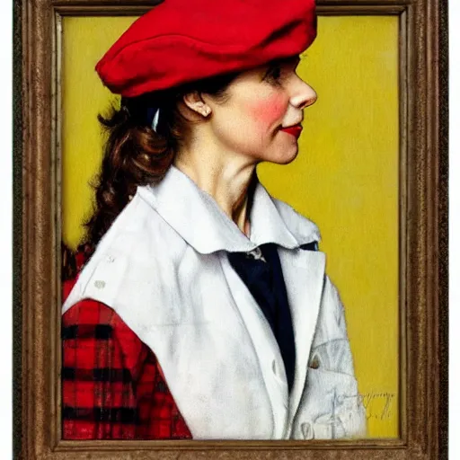 Prompt: portrait of a woman wearing a plaid blazer and red beret, by norman rockwell.