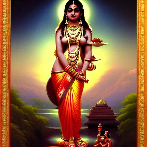 Image similar to seductive lakshmi, laxmi Indian Goddess in a sensual pose, sci-fi, fantasy, intricate, beautiful, elegant, attractive, indian goddess of wealth, highly detailed, digital painting, artstation, masterpiece, concept art, smooth, sharp focus, art by artgerm, hajime sorayama, William-Adolphe Bouguereau and greg rutkowski