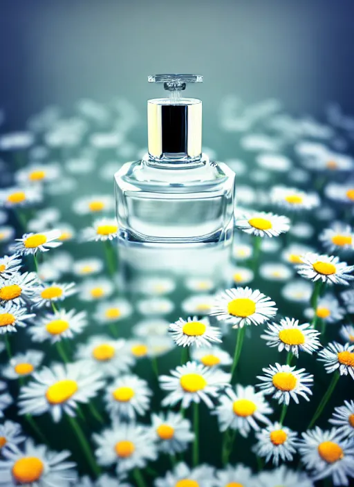 Image similar to perfume bottle standing in the center of an enchanted smokey cloud puff made of daisies, blurred background contoured smooth fair walls, up close shot, sharp focus, global illumination, radiant light, alexandre ferra, irakli nadar, octane highly render, 4 k, ultra hd,