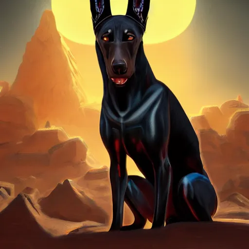 Prompt: portrait of anubis, black doberman face, angry look, ready for battle, masterpiece, mattepainting concept blizzard pixar maya engine on cold night stylized background splash comics global illumination lighting artstation by samwise didier