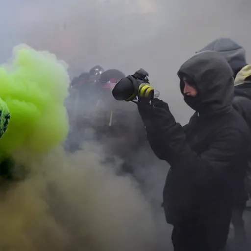 Prompt: A photojournalist's image of a man wearing a hoodie and a balaclava standing at the head of a group of rioters with green and yellow smoke in the background by reuters and the associated press.