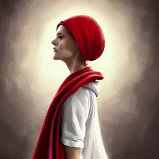 Prompt: epic portrait an woman wearing white blouse with short sleeves and a red cape with a hood on, pretty face, beauty, freckles, glossy skin, bun hair, glowing eyes, digital painting, artstation, concept art, soft light, hdri, smooth, sharp focus, illustration, fantasy, intricate, elegant, highly detailed, D&D, matte painting, in the style of Greg Rutkowski and Alphonse Mucha and artemisia, 8k, highly detailed, jurgens, rutkowski, bouguereau, pastoral, rustic, georgic