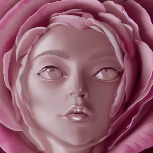 Prompt: a large pink rose with a beautiful womans face coming from the middle of it, highly detailed, 8k, artstation, cursed