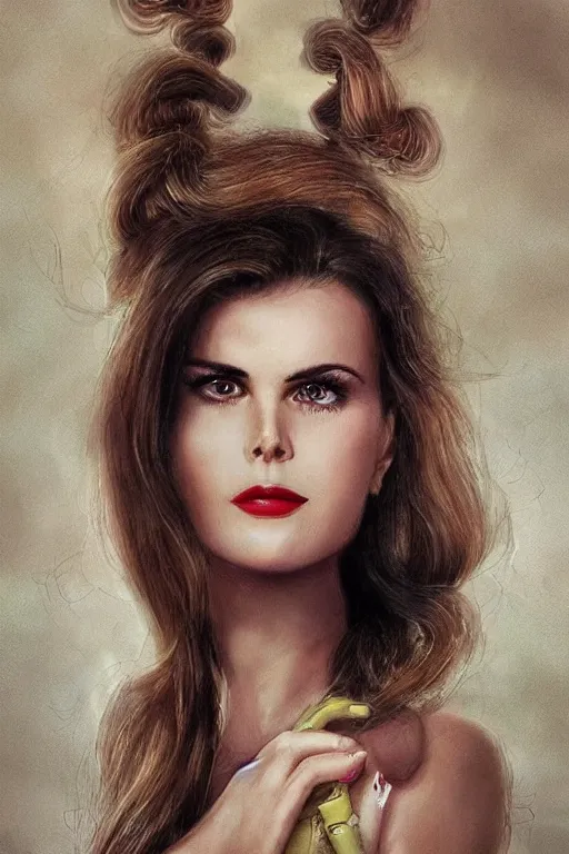 Image similar to mix of beautiful young maria shriver, mariel hemmingway, brooke shields, nicole kidman and elle macpherson as a snake girl with fangs, thin lips, hair tied up in a pony tail, dark blonde hair, colorful, artstation, cgsociety