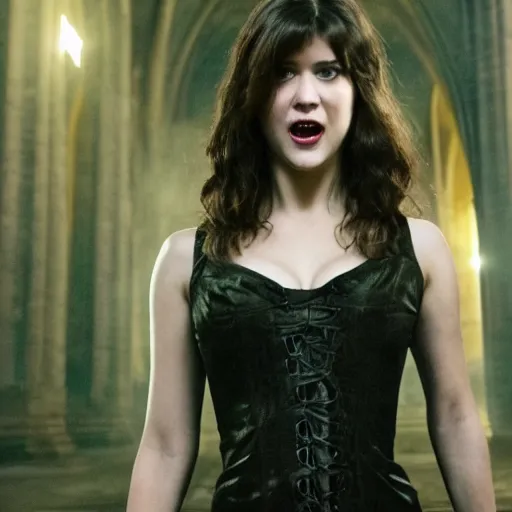 Image similar to mary elizabeth winstead as a vampire menacingly flashing her fangs in a gloomy gothic cathedral at night