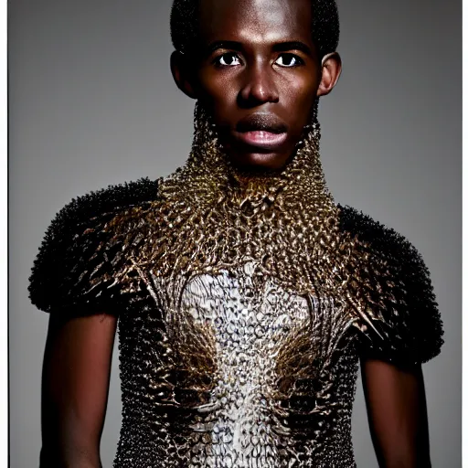 Image similar to a beautiful young haitian male wearing iris van herpen mickey mouse couture, photographed by erwin olaf