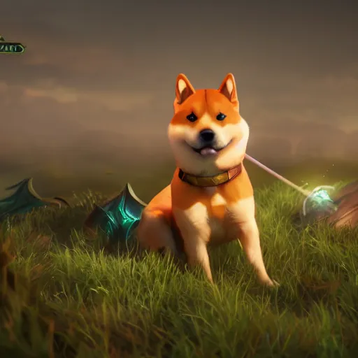 Image similar to shiba inu as a league of legends character, michael maurino, alex flores, paul kwon, cinematic, 3 d cgi, dramatic lighting, focus, smooth, heroic