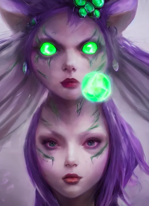 Image similar to lulu short fairy witch with green eyes, from league of legends, purple skin, au naturel, hyper detailed, digital art, trending in artstation, cinematic lighting, studio quality, smooth render, fluorescent skin, unreal engine 5 rendered, octane rendered, art style by klimt and nixeu and ian sprigger and wlop and krenz cushart