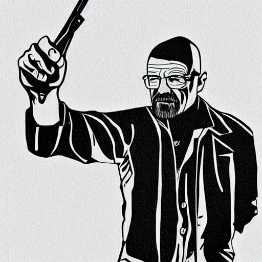 Image similar to Walter White pointing a pistol at you, lineart