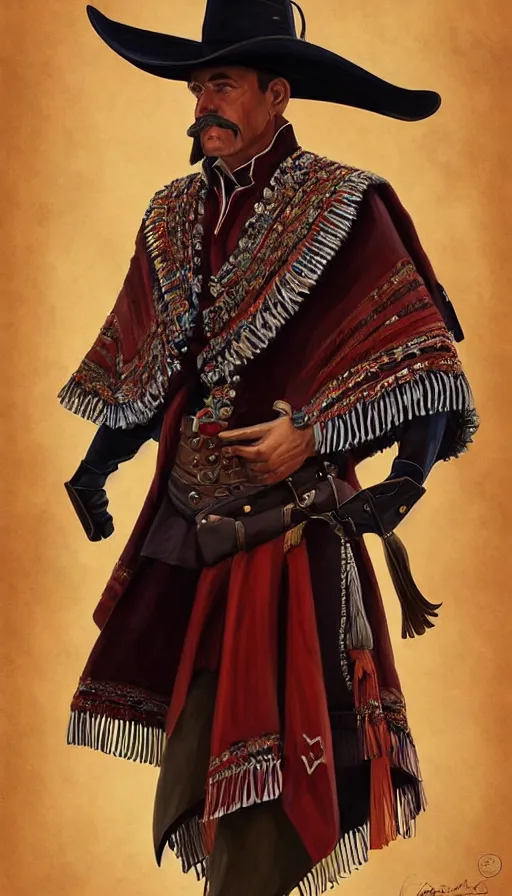 Prompt: federal commander full body portrait, stern look, late xix century red and carmesi gaucho style, ornate poncho, steppe geommetrical background, intricate, highly detailed, digital painting, artstation, concept art, sharp focus, illustration, art by Artgerm, Grafit Studio, and Greg Rutkowski, Craig Mullins, Makoto Shinkai, Stanley Artgerm Lau, WLOP, Rossdraws, James Jean, Andrei Riabovitchev, Marc Simonetti, krenz cushart, Sakimichan, D&D trending on ArtStation, digital art - W 640