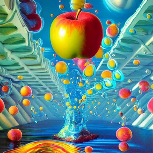 Prompt: jelly rococo gel apples bursting plasma and colorful auras, liquid, drippy, splashing, scifi 3 d paint spray by beeple, rob gonsalves, jeff koons, jacek yerka, m. c. escher