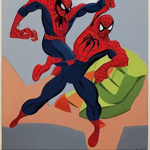 Prompt: rock dwayne johnson fighting spiderman by man ray