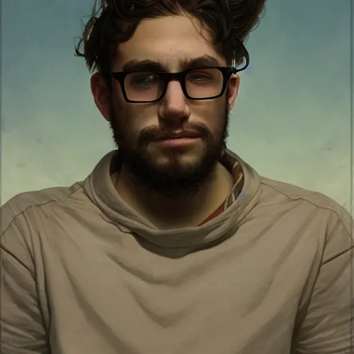 Prompt: portrait of depressed teen, cute, burly, nerds, straight stiff dry damaged hair, male, glasses, medium hair, oval face, olive skin color, D&D, concept art, art by Greg Rutkowski and Alphonse Mucha