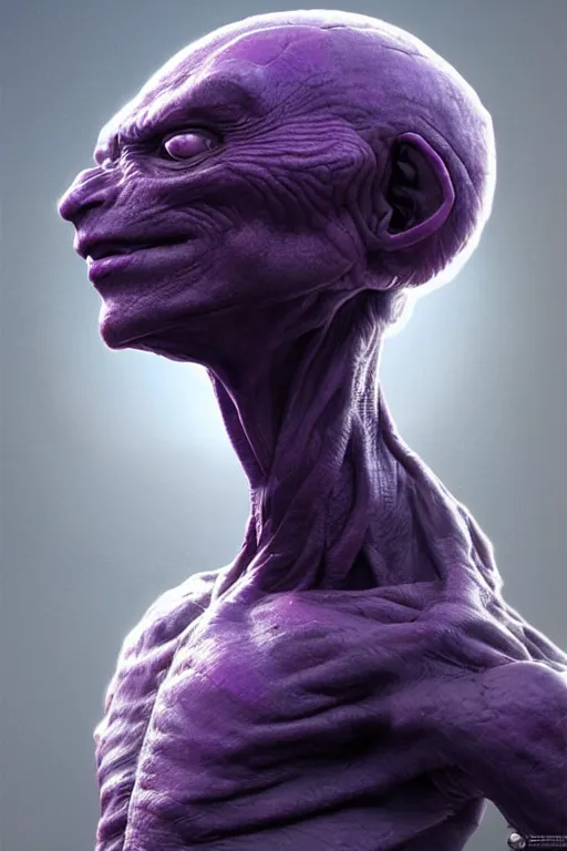 Image similar to portraint of a purple alien, greg rutkowski, 3 d render, 8 k, intricate, hyper realistic, mysterious, interstellar