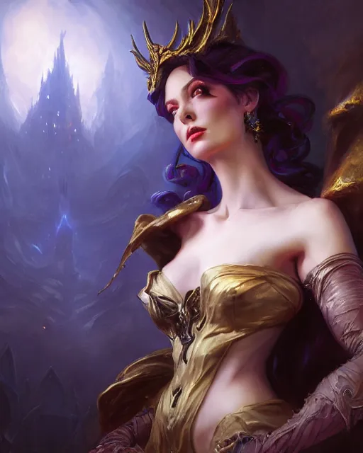 Image similar to daniel gerhartz and artgerm detailed portrait digital rococo painting of a beautiful villainess wearing fantasy clothing like liliana vess, hellscape in the background, embers, unreal engine, hyper realism, realistic shading, cinematic composition, blender render, octane render, hdr, detailed textures, photorealistic, ultrawide shot, 3 5 mm film