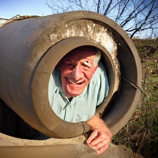 Prompt: a smiling old man in a sewage pipe