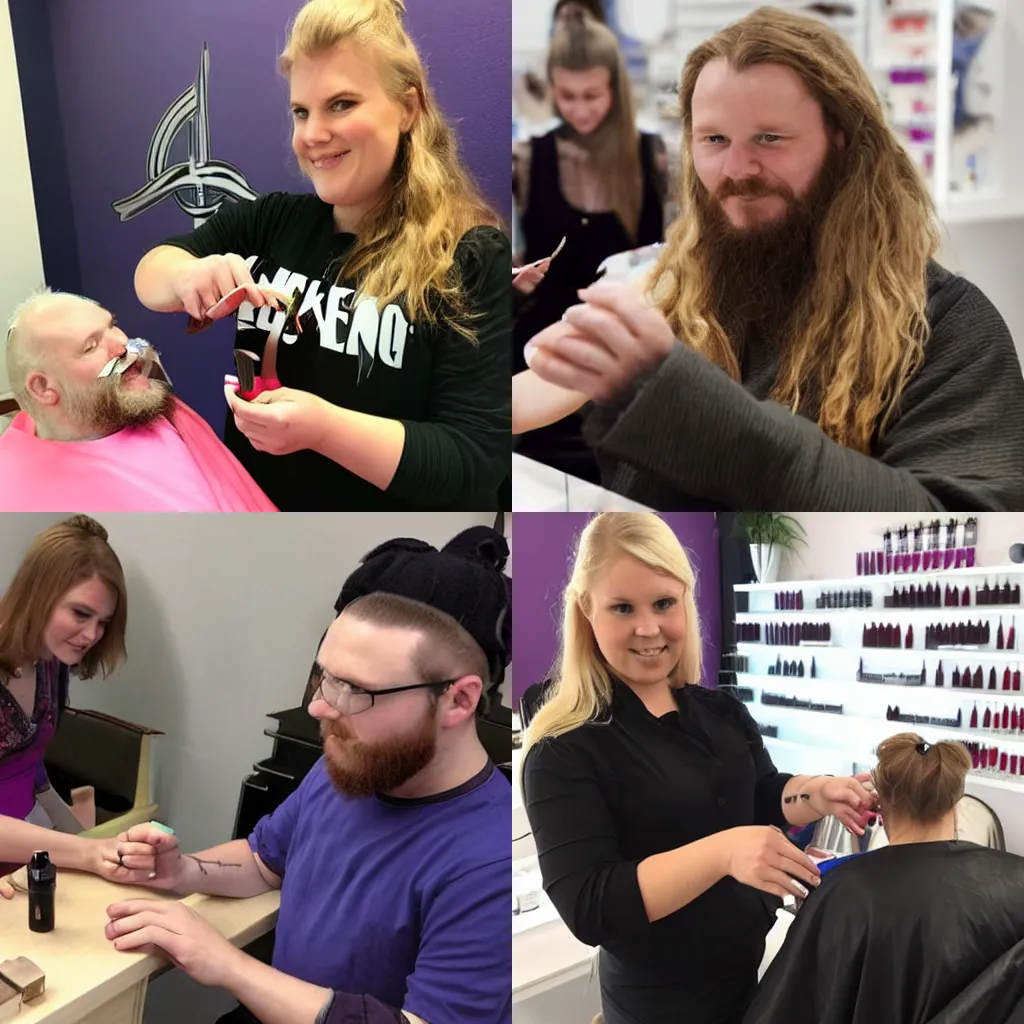 Prompt: a viking decides to become a manicure expert and treats customers