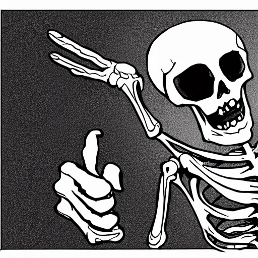 Image similar to a black and white detailed comic cartoon drawing of the skeleton of death giving a thumbs up and smiling, trending on artstation, 4 k