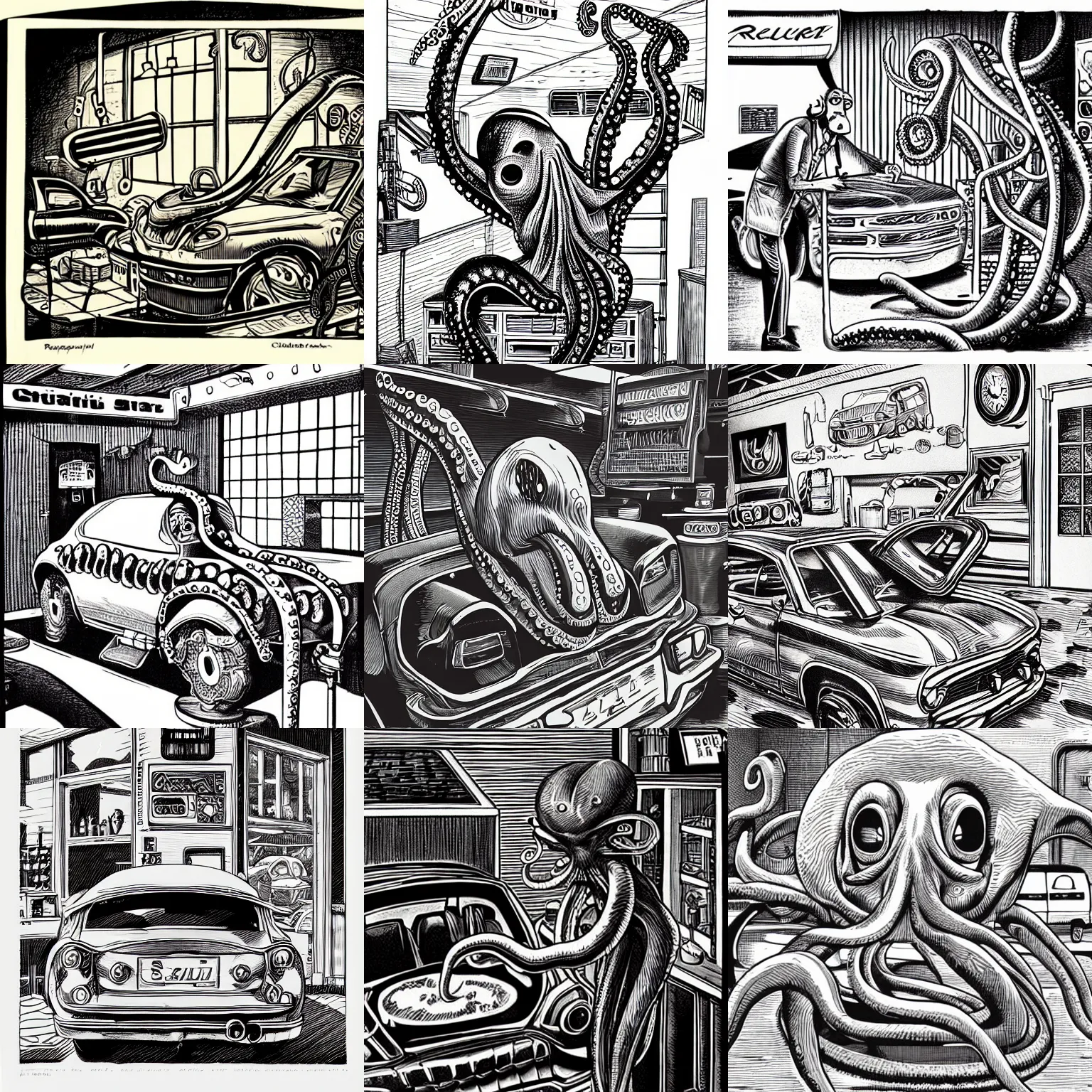 Prompt: a realistic octopus in a car repair shop, engraving, ink, charles burns