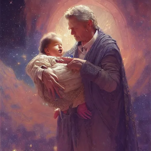 Image similar to the great father of the family, he is high up in his starry cloak, hugging his beautiful frail wife, with a little glowing baby in her arms. highly detailed painting by gaston bussiere, craig mullins, j. c. leyendecker 8 k