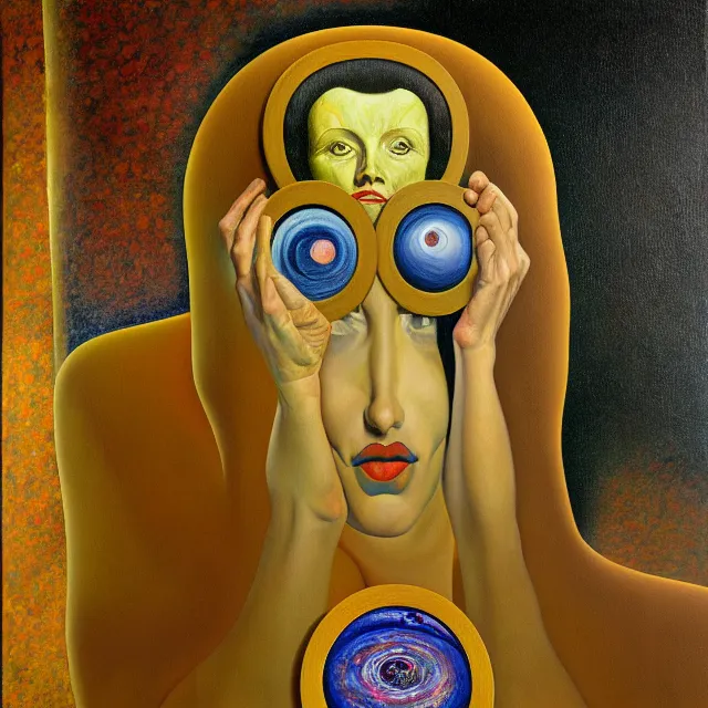 Prompt: an oil on canvas portrait painting, polycount, surrealism, surrealist, cosmic horror, grant wood, gustav klimt, high detail