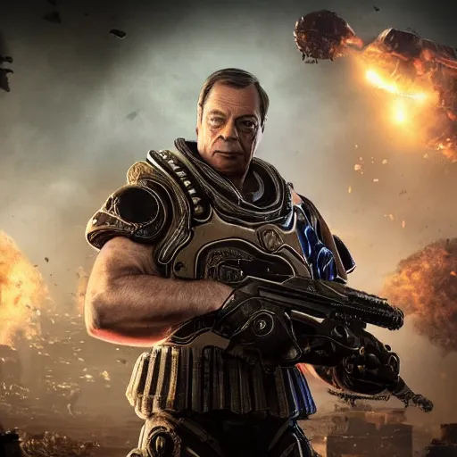 Image similar to Portrait of Nigel Farage in Gears of War, splash art, movie still, cinematic lighting, dramatic, octane render, long lens, shallow depth of field, bokeh, anamorphic lens flare, 8k, hyper detailed, 35mm film grain