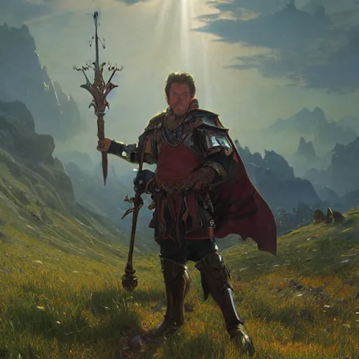 Prompt: a hyper detailed matte painting of robin williams dressed as fantasy paladin, d & d, fantasy, 8 k, shining plate armor, god rays, rolling grassy field in the background, volumetric lightning, art by greg rutkowski and alphonse mucha and andreas rocha and albert bierstadt