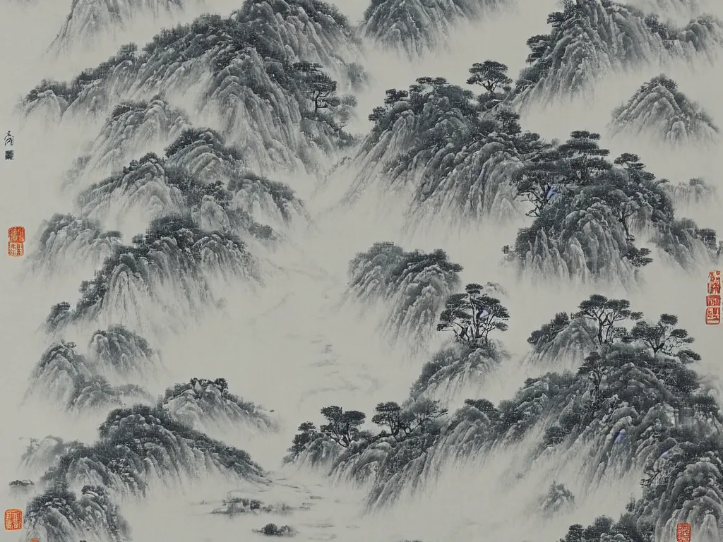 Image similar to its torrent dashes down three thousand feet from high ; as if the silver river fell from azure sky, cinematic landscape ， on a snowy day, natural light, ink painting, traditional chinese painting, by xu beihong