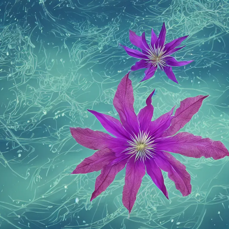 Image similar to clematis theme logo, clematis theme banner, clematis design, clematis in the deep sea, clematis like stars in the sky, trending on artstation, warm light, lovely and cute, fantasy art, 8 k resolution, highly detailed